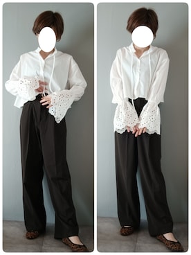 「earth music&ecology（アースミュージックアンドエコロジー）の袖レースショートシャツブラウス（シャツ/ブラウス、ホワイト系）」を使った、korekaranocyosenさん（レディース・163cm）の秋コーディネート