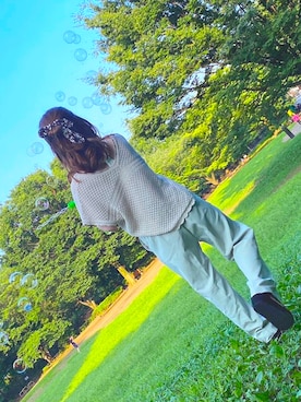 「GU（ジーユー）のアイテム（裤子、ブルー系）」を使った、𝕣𝕚𝕟𝕒‪𓂃◌𓈒𓐍さん（レディース・142cm）の秋コーディネート