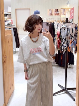 「GLOBAL WORK（グローバルワーク）のジャガードストライプワイドパンツ/681324（その他パンツ、ホワイト系）」を使った、ナスちゃんさん（レディース・152cm）の夏コーディネート