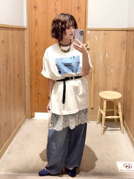 「GLOBAL WORK（グローバルワーク）のGOODデニムバレルパンツ/600980（デニムパンツ、ブルー系）」を使った、ナスちゃんさん（レディース・152cm）の春コーディネート