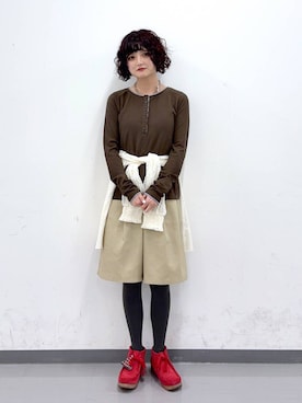 「GLOBAL WORK（グローバルワーク）のMATINEE LINE/リネンライク/ショートパンツ/646634（その他パンツ、ベージュ系）」を使った、ナスちゃんさん（レディース・152cm）の春コーディネート
