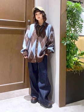 「RAGEBLUE（レイジブルー）のMohair Blend Shaggy Knit Cardigan / 総柄モヘヤニットカーディガン（カーディガン/ボレロ）」を使った、nasuumy10さん（レディース・151cm）の秋コーディネート