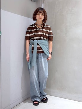 「GLOBAL WORK（グローバルワーク）のGOODデニムイージーパンツ/COOL/636569（デニムパンツ、ブルー系）」を使った、ナスちゃんさん（レディース・152cm）の夏コーディネート