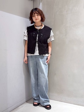 「GLOBAL WORK（グローバルワーク）のmeets India/刺繍レースベスト/601191（ベスト、ブラック系）」を使った、ナスちゃんさん（レディース・152cm）の夏コーディネート