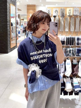 「GLOBAL WORK（グローバルワーク）のシルキータッチシアーシャツ5分袖/636672（シャツ/ブラウス、ブルー系）」を使った、ナスちゃんさん（レディース・152cm）の夏コーディネート