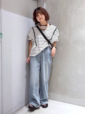 「GLOBAL WORK（グローバルワーク）のGOODデニムイージーパンツ/COOL/636569（デニムパンツ、ブルー系）」を使った、ナスちゃんさん（レディース・152cm）の夏コーディネート
