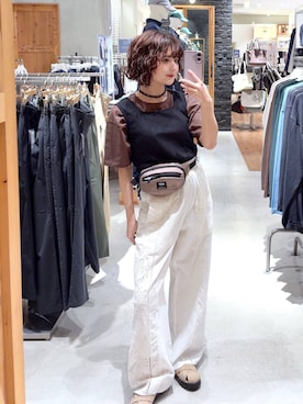 「GLOBAL WORK（グローバルワーク）のmeets India/レース刺繍パンツ/625307（その他パンツ、ホワイト系）」を使った、ナスちゃんさん（レディース・152cm）の夏コーディネート