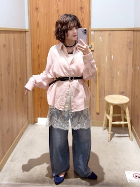 「GLOBAL WORK（グローバルワーク）のGOODデニムバレルパンツ/600980（デニムパンツ、ブルー系）」を使った、ナスちゃんさん（レディース・152cm）の春コーディネート