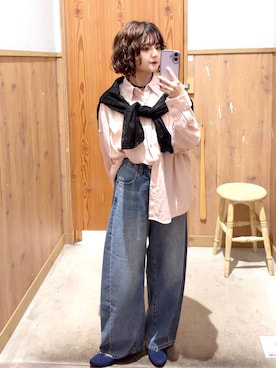 「GLOBAL WORK（グローバルワーク）のGOODデニムバレルパンツ/600980（デニムパンツ、ブルー系）」を使った、ナスちゃんさん（レディース・152cm）の春コーディネート