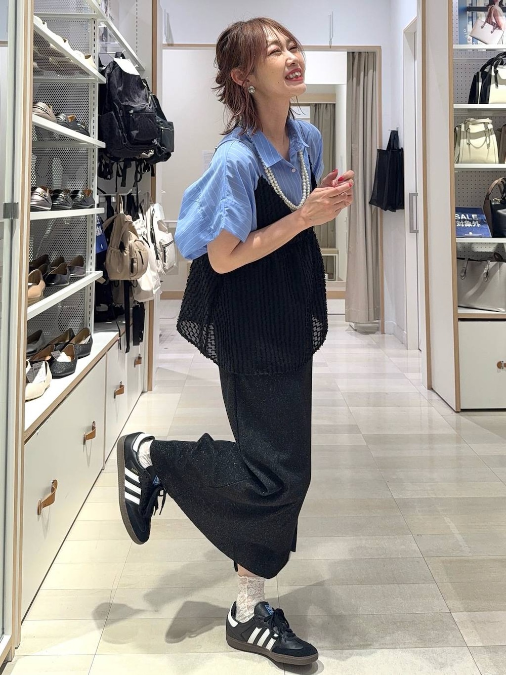 「きれいめ、ベーシック/シンプル、着痩せ・細見え、ママコーデ、体型カバー、カジュアル、GLOBAL WORK」｜「LOWRYS FARMのパールタレンネックレス　249411（ネックレス、ベージュ系）」を使った、せこ子さん（レディース・159cm）の夏コーディネートの1枚目の写真