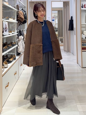 「アイテム（ノーカラージャケット）」を使った、せこ子さん（レディース・159cm）の秋コーディネート