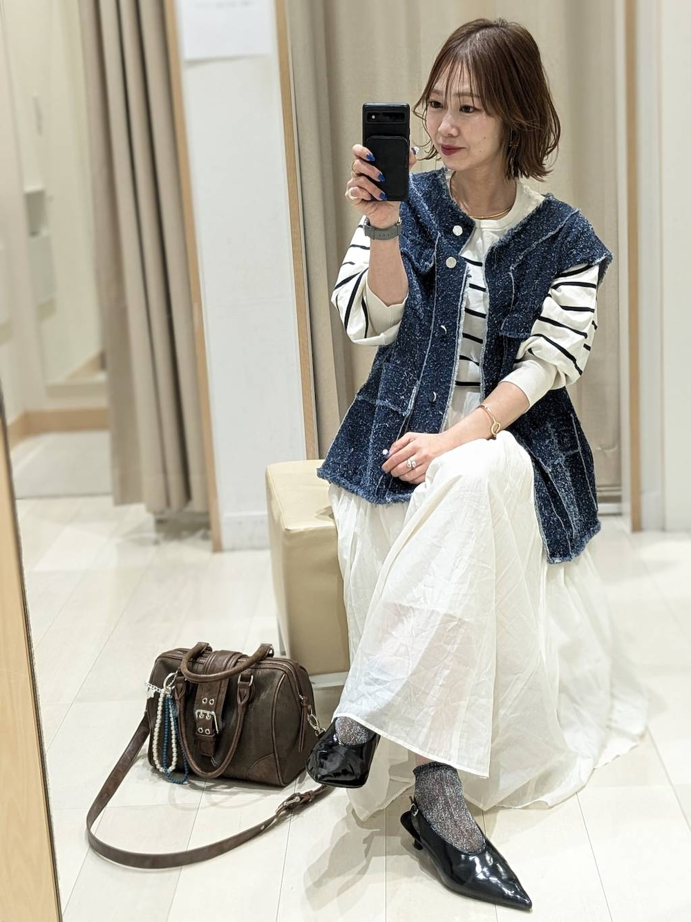 「きれいめ、ベーシック/シンプル、着痩せ・細見え、ママコーデ、体型カバー、カジュアル、GLOBAL WORK」｜「LEPSIMのデニムツイードベスト　243476（ベスト、ブルー系）」を使った、せこ子さん（レディース・159cm）の春コーディネートの1枚目の写真