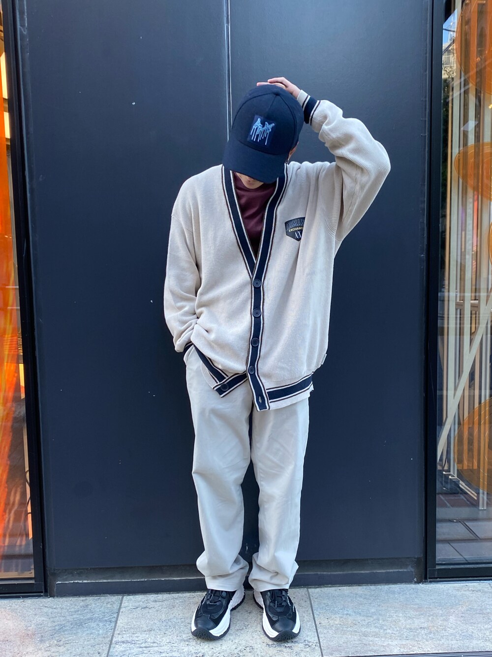 「アルマーニエクスチェンジ、AXchanger、AXchange、AXCatStreet、原宿キャットストリート、ゆるカジ」｜「ARMANI EXCHANGEの【A|X アルマーニ エクスチェンジ】AXロゴ　キャップ（キャップ、ブルー系）」を使った、かいちゃんさん（メンズ・160cm）の秋コーディネートの1枚目の写真