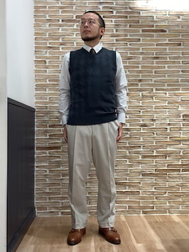 「BRICK HOUSE by TOKYO SHIRT（ブリックハウス）のダイヤ柄 ニットベスト（ベスト）」を使った、BRICK HOUSE シャツ工房 福岡橋本木の葉モール店さん（メンズ・163cm）の秋コーディネート