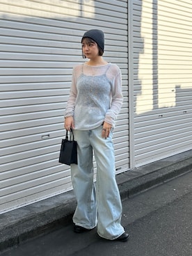 「KBF（ケイビーエフ）のバックオープンシアーニット（ニット/セーター、ブルー系）」を使った、妃那さん（レディース・158cm）の春コーディネート