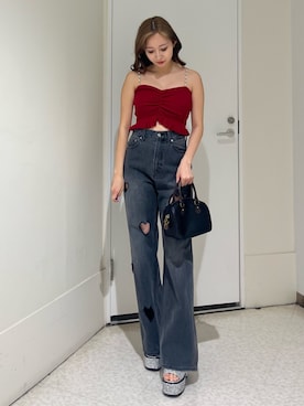 「アイテム（キャミソール、レッド系）」を使った、熊澤姫奈さん（レディース・155cm）の夏コーディネート