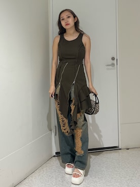 「アイテム（ワンピース/ドレス、グリーン系）」を使った、熊澤姫奈さん（レディース・155cm）の夏コーディネート