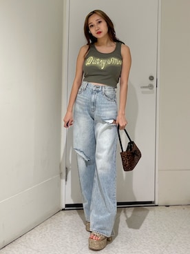 「アイテム（タンクトップ、グリーン系）」を使った、熊澤姫奈さん（レディース・155cm）の夏コーディネート