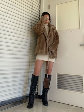 「EMODA（エモダ）のスクエアポイントミドルブーツ（ブーツ）」を使った、花島郁さん（レディース・167cm）の冬コーディネート