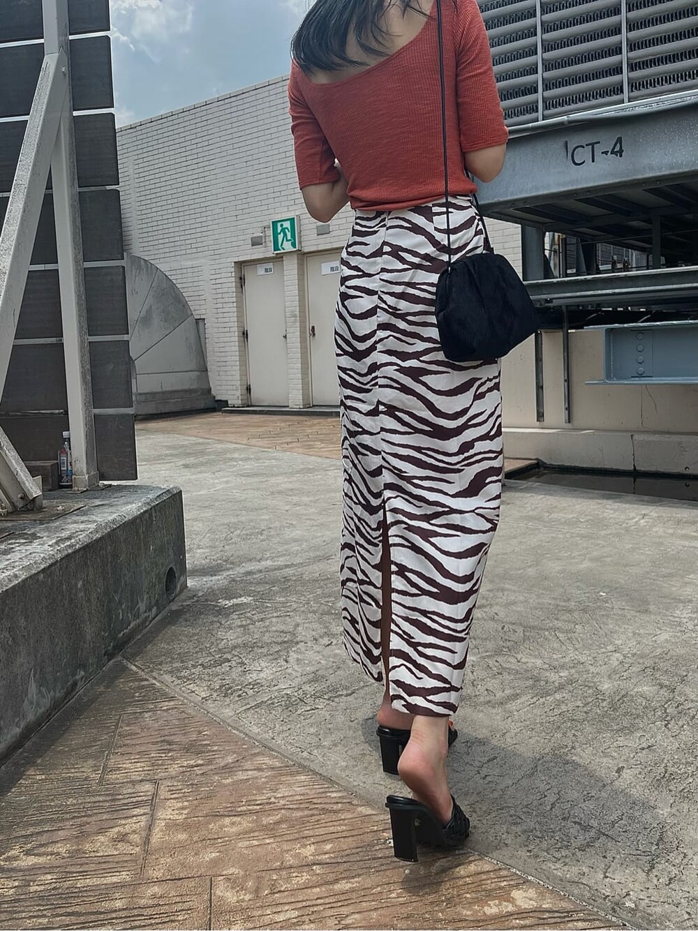 その他のスカート、ブラック系のハンドバッグ、ブラック系のサンダルを着用したレディースの夏コーディネートの1枚目の写真