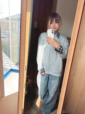 「inst.ALL（インストール）の春も使える！チェックレイヤードヘンリーネックトップス（スウェット、グレー系）」を使った、tanamwaさん（レディース・164cm）の春コーディネート