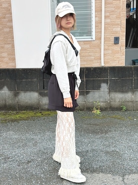 「CIAOPANIC（チャオパニック）のレースフレアレイヤードフリルパンツ（その他パンツ、ホワイト系）」を使った、tanamwaさん（レディース・164cm）の春コーディネート
