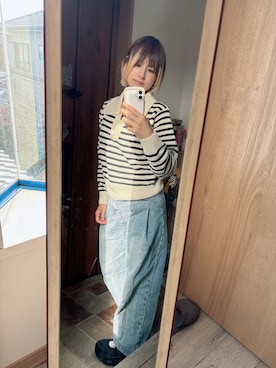 「solleim（ソルレム）のクロップド丈ボーダーポロニット（ニット/セーター、ホワイト系）」を使った、tanamwaさん（レディース・164cm）の春コーディネート