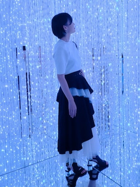 「MURUA（ムルーア）のハーフスリーブタイトリブニット（ニット/セーター、ホワイト系）」を使った、riisssaaaaさん（レディース・167cm）の夏コーディネート