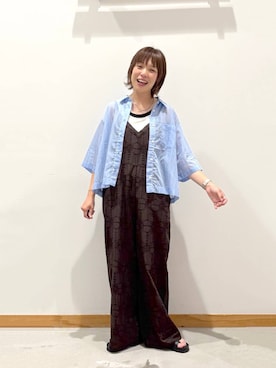 「GLOBAL WORK（グローバルワーク）のシルキータッチシアーシャツ5分袖/636672（シャツ/ブラウス、ブルー系）」を使った、hihihinappiさん（レディース）の夏コーディネート