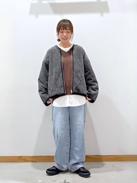 「GLOBAL WORK（グローバルワーク）のGOODデニムバギーパンツ/498388（デニムパンツ）」を使った、hihihinappiさん（レディース・161cm）の秋コーディネート