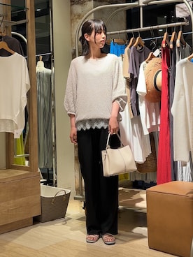 「Jena espace merveilleux（ジェナ　エスパスメルヴェイユ）のペーパーヤーン7分袖ニット（ニット/セーター、グレー系）」を使った、らむしさん（レディース・171cm）の夏コーディネート