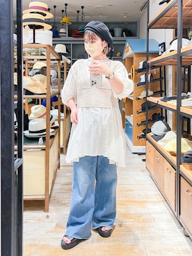 「レザーサンダル」｜「アイテム（ハンチング/ベレー帽）」を使った、sayo.さん（レディース・150cm）の夏コーディネート
