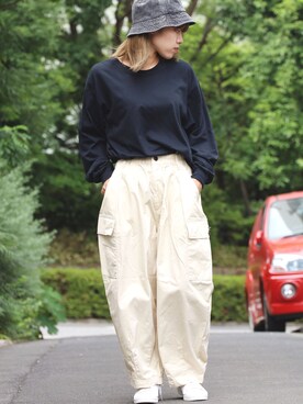 「HARVESTY（ハーベスティ）のアイテム（パンツ、ベージュ系）」を使った、ROOPTOKYO_sakiさん（レディース・160cm）の夏コーディネート