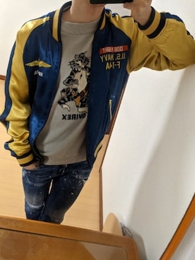 「アイテム（スカジャン、ゴールド系）」を使った、ちゃんさん（メンズ・172cm）の秋コーディネート