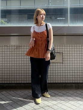 「FREE'S MART（フリーズマート）の〈MFM〉バックオープン半袖カットソー（Tシャツ/カットソー、ホワイト系）」を使った、17mfmさん（レディース・158cm）の春コーディネート