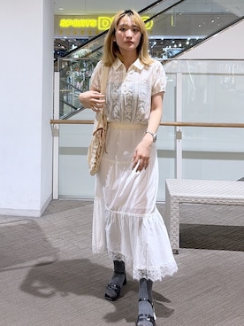 「FREE'S MART（フリーズマート）の◆レースポロシャツ（シャツ/ブラウス、ホワイト系）」を使った、17mfmさん（レディース・158cm）の夏コーディネート