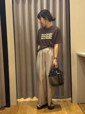 「URBAN RESEARCH（アーバンリサーチ）のシアープリントカラーTシャツ（Tシャツ/カットソー、ブラウン系）」を使った、rieさん（レディース・164cm）の夏コーディネート