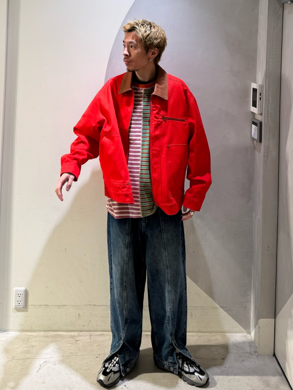 デニムジャケット（レッド系）を使った「赤」のメンズ人気ファッション 