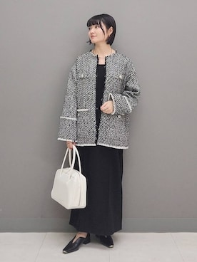 「着痩せ」｜「アイテム（ノーカラージャケット）」を使った、ノノカさん（レディース・156cm）の冬コーディネート