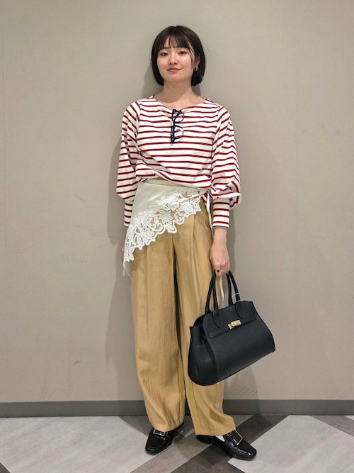 FOXEY パフスリーブ ボーダートップス tシャツ パフスリーブクロップド丈ボーダートップス レディース