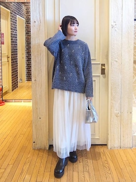 「A part by（アパートバイ）の≪追加3≫ラメチュールプリーツスカート（スカート）」を使った、ノノカさん（レディース・156cm）の冬コーディネート