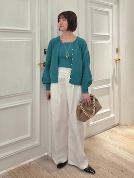 「A part by（アパートバイ）のアイレットアミショートカーディガン（カーディガン/ボレロ、グリーン系）」を使った、ノノカさん（レディース・156cm）の春コーディネート