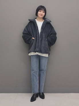 「e/rm（イーアールエム）のファージャケット（その他アウター）」を使った、ノノカさん（レディース・156cm）の冬コーディネート