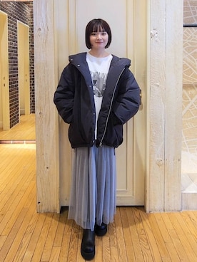 「着痩せ」｜「アイテム（ダウンジャケット/コート）」を使った、ノノカさん（レディース・156cm）の冬コーディネート