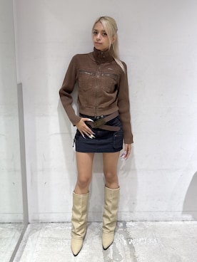 「X-girl（エックスガール）のFADED RIBBED SLEEVE JACKET（ブルゾン、ブラウン系）」を使った、Pamelaさん（レディース・161cm）の夏コーディネート