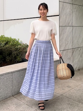 「couture brooch（クチュールブローチ）の【洗える】袖レース テレコトップス（Tシャツ/カットソー、ホワイト系）」を使った、habaさん（レディース・155cm）の夏コーディネート