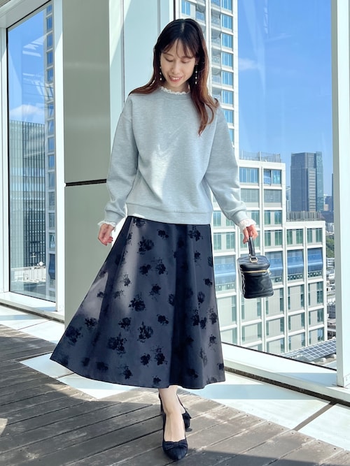 セール】【美シルエット・通勤】フロッキーフラワープリントスカート