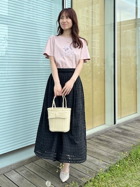 「couture brooch（クチュールブローチ）の【接触冷感・UVカット・洗える】トゥシューズプリントTシャツ（Tシャツ/カットソー、ピンク系）」を使った、habaさん（レディース・155cm）の夏コーディネート