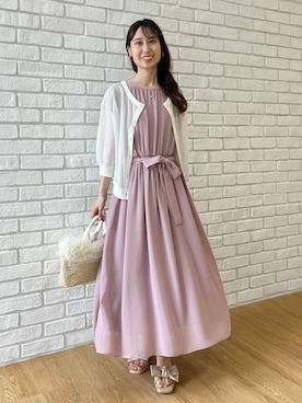 「couture brooch（クチュールブローチ）の【洗える】袖フリル シフォン ギャザーワンピース（ワンピース、ピンク系）」を使った、habaさん（レディース・155cm）の夏コーディネート
