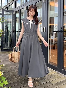 「couture brooch（クチュールブローチ）の【洗える】リネンライク マリンワンピース（ワンピース、グレー系）」を使った、habaさん（レディース・155cm）の夏コーディネート